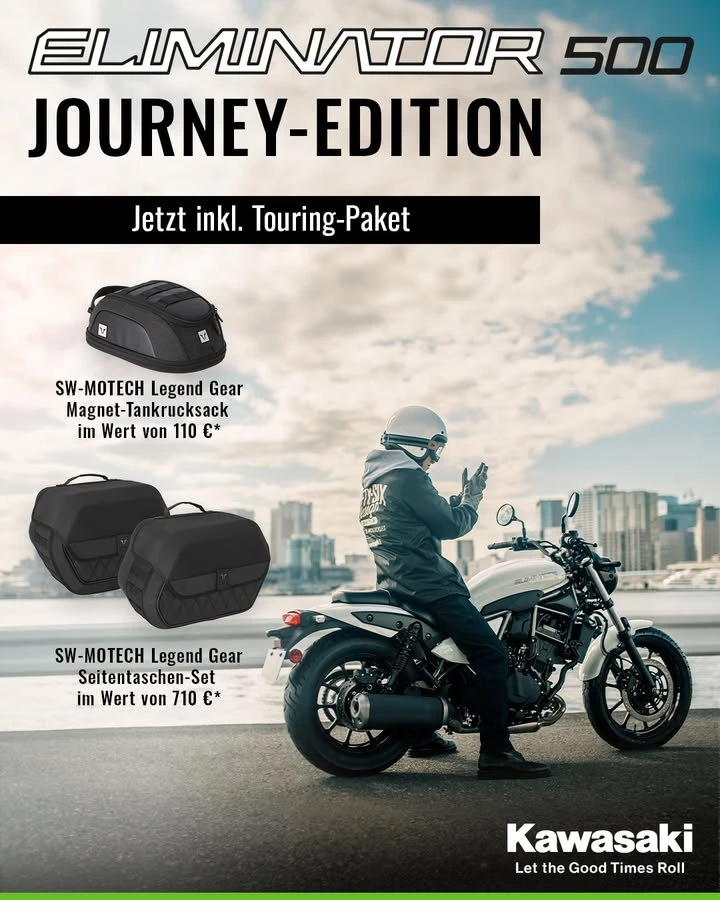Vorschaubild für Post - Mehr Freiheit. Mehr Style. Mehr Möglichkeiten. 💚🏍️
Mit der Kawasaki Eliminator 500 Journey Edition wird dein Cruiser jetzt noch tourentauglicher und das ganz ohne Aufpreis. 😎

Für kurze Zeit erhältst du ein hochwertiges SW-MOTECH Touring-Paket kostenlos dazu (UVP 820 €).
Zusätzlich kann der Kawasaki Starterbonus mit bis zu 500 € Preisvorteil genutzt werden.*

🧳 Touring-Paket inklusive
🤩 Starterbonus möglich*
⏳ Aktion gültig bis 30.04.2026 – solange Vorrat reicht

👉 Komm bei uns vorbei und sichere dir die Journey Edition für deine Saison. 😎
https://www.bikerzentrum-berentelg.de

*Starterbonus abhängig von Teilnahmebedingungen.

#KawasakiDeutschland #Kawasaki #LetTheGoodTimesRoll #Eliminator500 #Cruiser