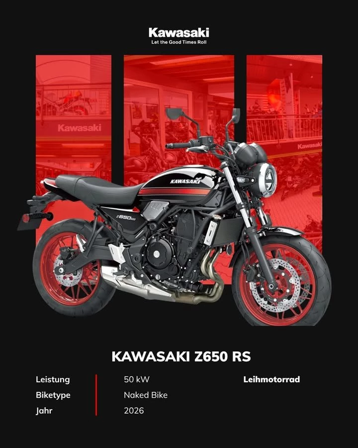 Vorschaubild für Post - Die Kawasaki Z650 RS – Retro-Soul trifft moderne Power. 🖤🔴
50 kW, Naked Bike, 2026er Modell – und das Beste? Die steht bei uns zum Ausleihen bereit.
Du willst wissen, ob sie zu dir passt, bevor du kaufst? Genau dafür ist unser Leihmotorrad-Angebot da. Einfach reinfahren, Schlüssel holen, losrollen.
👉 Dein nächstes Bike wartet schon.
📍 Bikerzentrum Berentelg 🔗 Link in Bio