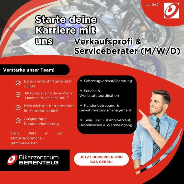 Vorschaubild für Post - 🏍️ **Kaufmännischer Allrounder (m/w/d) gesucht!**

### Verkauf • Zubehör • Onlinehandel • Motorradleidenschaft

Du hast Benzin im Blut, kannst mit Kunden umgehen und willst mehr als nur einen langweiligen Bürojob?
Dann komm ins Team vom **Bikerzentrum-Berentelg** in Meppen!

Wir suchen einen kaufmännischen Allrounder (m/w/d), der mitdenkt, Verantwortung übernimmt und Lust auf die Motorradbranche hat.

---

🔥 **Deine Aufgaben**
✅ Verkauf von Neu- & Gebrauchtmotorrädern
✅ Beratung zu Zubehör, Bekleidung & Finanzierung
✅ Teilevertrieb & Lagerorganisation
✅ Betreuung unseres Gebrauchtteile- & eBay-Shops
✅ Pflege von Online-Angeboten & Artikeldaten
✅ Kundenberatung vor Ort, telefonisch & online
✅ Unterstützung bei Organisation & Auftragsabwicklung

---

👤 **Das solltest du mitbringen**
✔ Ausbildung als Automobilkaufmann, Zweiradmechaniker, KFZ-Mechatroniker, Meister oder vergleichbare Erfahrung
✔ Kaufmännisches Denken & technisches Verständnis
✔ Eigenverantwortliche und zuverlässige Arbeitsweise
✔ Spaß am Kundenkontakt
✔ Begeisterung für Motorräder, Zubehör & moderne Vertriebswege

---

💥 **Was dich erwartet**
🔹 Abwechslungsreicher Arbeitsalltag statt monotone Routine
🔹 Verantwortung & eigenständiges Arbeiten
🔹 Modernes Motorradunternehmen mit Zukunft
🔹 Familiäres Team & kurze Entscheidungswege
🔹 Arbeiten mit Motorrädern, Zubehör & Onlinehandel