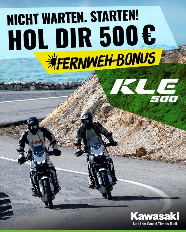 Vorschaubild für Post - ☀️ Sommer, Sonne, Abenteuer!
Die schönste Zeit des Jahres ist da – perfekt, um den Alltag hinter sich zu lassen und neue Lieblingsstrecken zu entdecken. Mit der neuen Kawasaki KLE500 wird jede Ausfahrt zum kleinen Abenteuer.
Passend zur Urlaubssaison gibt es jetzt unseren 500 € Fernweh-Bonus: Beim Kauf einer neuen KLE500 oder KLE500 SE bis zum 30.09.2026 erhältst du 500 € Preisvorteil.*
Ob praktisches Reisezubehör, die nächsten Tankfüllungen oder dein ganz persönliches Abenteuer – wie du den Bonus nutzt, entscheidest du.
💚 Komm vorbei und sichere dir den Fernweh-Bonus. Wir beraten dich gerne zur neuen KLE500 und freuen uns auf deinen Besuch!
 https://scpl.io/4970_kawasaki_9906

*Keine Kumulierung von Aktionen möglich.