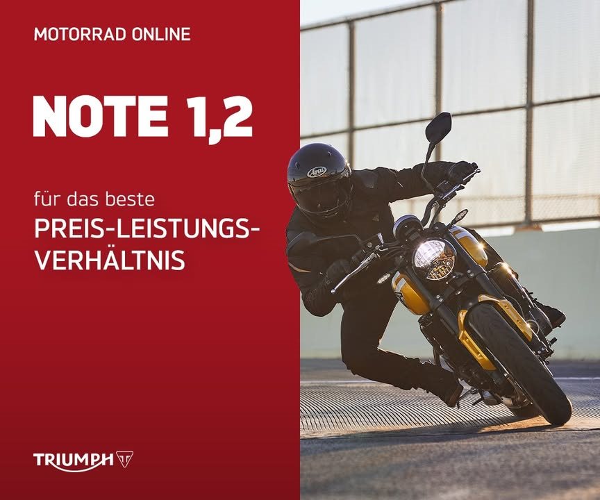 Vorschaubild für Post - Das kann sich sehen lassen:
MOTORRAD vergibt der Trident 660 die Note 1,2 fürs Preis-Leistungs-Verhältnis! 💪

Kein Wunder, denn sowohl die bisherige Variante als auch die neue 2026er Version liefern genau das, worum es beim Motorradfahren geht - puren Fahrspaß, und das zum absoluten Bestpreis. 👑

Übrigens: Noch bis 31.03.2026 kannst du dir die Trident 660 mit 700 € Kundenvorteil* sichern!

>> https://www.triumph-neureichenau.de/de <<
*Angebotsdetails siehe Webseite