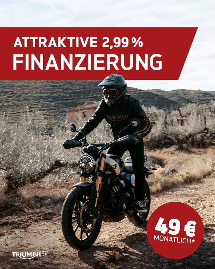 Vorschaubild für Post - Der Weg zum eigenen Bike war noch nie so einfach:
Schon für 49 € monatlich* kannst du endlich eine echte Triumph fahren!
Komm vorbei und lass dich zu unseren Finanzierungsmöglichkeiten beraten.
>> https://triumph-niederoesterreich.at/de <<
*Finanzierungsbeispiel für die Scrambler 400 X, Angebotsdetails siehe Webseite