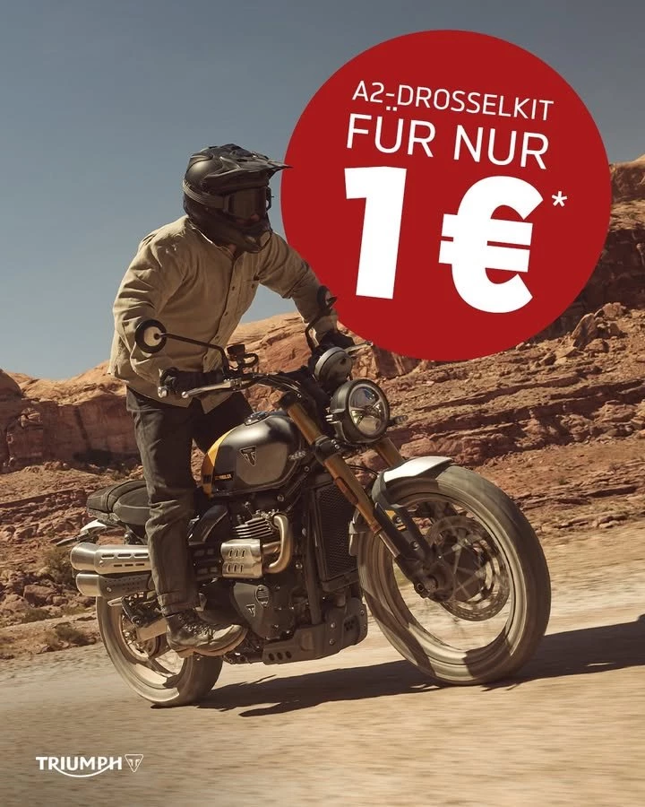 Vorschaubild für Post - A2-ready, aber immer noch 100 % Triumph:
Unser Drosselkit bewahrt den Charakter deines Bikes - und kostet dich aktuell beim Neukauf gerade mal 1 €!*

>> https://triumph-niederoesterreich.at/de <<
*für ausgewählte Modelle, zuzüglich Montagekosten, Angebotsdetails siehe Webseite, gültig bis 31.03.2026