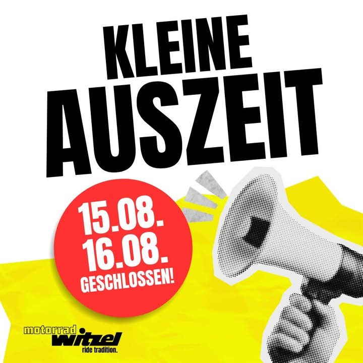 Vorschaubild für Post - 𝗞𝗟𝗘𝗜𝗡𝗘 𝗔𝗨𝗦𝗭𝗘𝗜𝗧 – AUCH WIR MÜSSEN MAL AN DIE BOX🛠🥰
Am 15. & 16. August geben wir unserem Team eine kleine Wellness-Kur: Kaffee statt Kette ölen, Sofa statt Sattel. ☕🛋�
Ab 18. August heißt es wieder: Helm auf, Motor an, Vollgas für euch! 🔥💪

💛 Danke, dass ihr uns die Pause gönnt – wir kommen mit frischer PS-Power zurück!� Und bis dahin 👉 www.motorradwitzel.de – da könnt ihr schon mal virtuell den Asphalt unsicher machen.🥳

#Boxenstopp #MotorradLiebe #WirSindBaldZurück #MotorradWitzel #VollgasAbMontag #BikerLife #PSLiebe #KaffeepauseMitHelm #Sennfeld #Schweinfurt