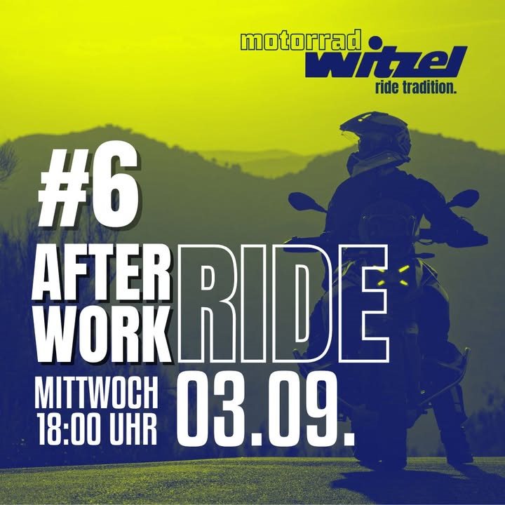 Vorschaubild für Post - 🚦 𝟔. 𝐀𝐅𝐓𝐄𝐑 𝐖𝐎𝐑𝐊 𝐑𝐈𝐃𝐄 – 𝐃𝐚𝐬 𝐠𝐫𝐨ß𝐞 𝐅𝐢𝐧𝐚𝐥𝐞! 🏍️✨

Am Mittwoch, 3. September 2025, heißt es ein letztes Mal in dieser Saison: Helm auf, Motor an, Feierabend aus!
Unser 𝐀𝐅𝐓𝐄𝐑 𝐖𝐎𝐑𝐊 𝐑𝐈𝐃𝐄 startet um 18:00 Uhr bei Motorrad Witzel in Sennfeld – und du bist herzlich eingeladen.

👉 Dich erwarten:
✅ ca. 110 km pure Freiheit 
✅ kurvige Straßen & traumhafte Landschaften
✅ mit leckerem Essen in geselliger Runde

Also: Bike volltanken, Laune und Freunde mitbringen und den Feierabend auf zwei Rädern genießen! 🏍💨

📍Treffpunkt: Motorrad Witzel, Sennfeld
⏰ Start: 18:00 Uhr

👉 Sei beim Saisonfinale dabei und erlebe mit uns einen unvergesslichen Abend auf dem Bike!

#AfterWorkRide #MotorradWitzel #Saisonfinale #BikerLife #Feierabendtour #MotorradLiebe 🏍️🔥