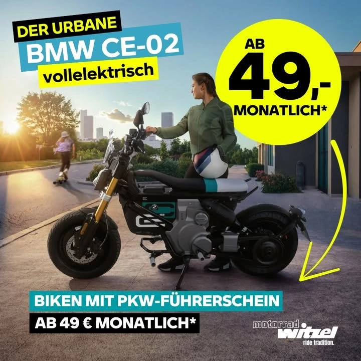 Vorschaubild für Post - BIKEN MIT PKW-FÜHRERSCHEIN – 𝘀𝗰𝗵𝗼𝗻 𝗮𝗯 𝟰𝟵 € 𝗶𝗺 𝗠𝗼𝗻𝗮𝘁

Der vollelektrische 𝗕𝗠𝗪 𝗖𝗘 𝟬𝟮 ist nicht nur ein Blickfang – er macht den Einstieg in die Elektromobilität unglaublich leicht. Und das Beste: Du kannst ihn dir bereits ab 49 € monatlich finanzieren.

Die 4 kW-Version 𝗱𝗮𝗿𝗳𝘀𝘁 𝗱𝘂 𝘀𝗼𝗴𝗮𝗿 𝗺𝗶𝘁 𝗱𝗲𝗶𝗻𝗲𝗺 𝗣𝗸𝘄- 𝗼𝗱𝗲𝗿 𝗔𝗠-𝗙ü𝗵𝗿𝗲𝗿𝘀𝗰𝗵𝗲𝗶𝗻 𝗳𝗮𝗵𝗿𝗲𝗻 – perfekt für die Stadt, flexibel, unkompliziert und einfach stylisch.

👉 Komm vorbei, sichere dir deine Finanzierung und starte ab sofort elektrisch durch!
#MakeLifeARide #BMWMotorrad #BMWCE02 #MotorradWitzel #finanzieren #sennfeld #schweinfurtcity