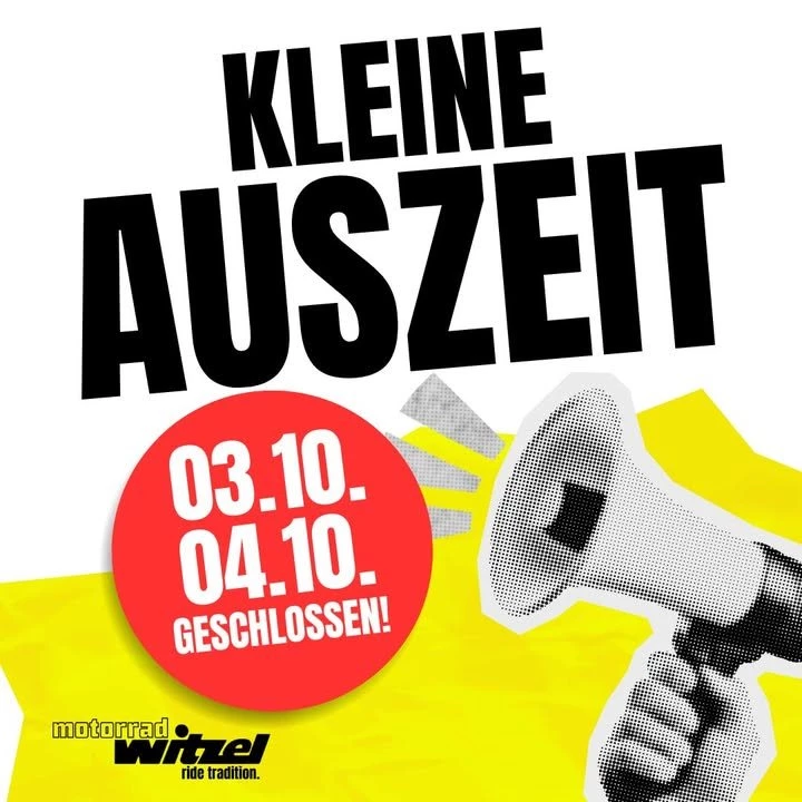 Vorschaubild für Post - 𝗪𝗜𝗥 𝗧𝗔𝗨𝗖𝗛𝗘𝗡 𝗞𝗨𝗥𝗭 𝗨𝗡𝗧𝗘𝗥!
Am 𝟑. & 𝟒. 𝐎𝐤𝐭𝐨𝐛𝐞𝐫 gönnt sich unser Team einen kurzen Boxenstopp. 𝐀𝐛 𝐝𝐞𝐦 𝟔. 𝐎𝐤𝐭𝐨𝐛𝐞𝐫 𝐬𝐢𝐧𝐝 𝐰𝐢𝐫 𝐰𝐢𝐞𝐝𝐞𝐫 𝐯𝐨𝐥𝐥 𝐚𝐮𝐟 𝐓𝐨𝐮𝐫 – Motor an, Herz aufgedreht, Leidenschaft pur! ❤️🏍️

𝐃𝐚𝐧𝐤𝐞, dass ihr uns die kleine Auszeit gönnt – wir kommen zurück mit Extra-PS im Gepäck!
👉 Bis dahin: www.motorradwitzel.de – holt euch schon mal virtuell den Asphalt-Flow!

#Brückentag #MotorradHerz #WirSindBaldZurück #Motorradliebe #MotorradWitzel