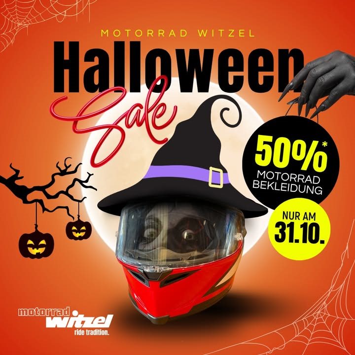 Vorschaubild für Post - 🎃👻 𝐇𝐚𝐥𝐥𝐨𝐰𝐞𝐞𝐧-𝐒𝐚𝐥𝐞 𝐛𝐞𝐢 𝐌𝐨𝐭𝐨𝐫𝐫𝐚𝐝 𝐖𝐢𝐭𝐳𝐞𝐥! 🏍️🎃

Nur am 31.10. heißt es: 𝐆𝐫𝐮𝐬𝐞𝐥𝐢𝐠 𝐠𝐮𝐭 𝐬𝐩𝐚𝐫𝐞𝐧! 💸😱💸
Spare satte 𝟓𝟎 % 𝐚𝐮𝐟 𝐌𝐨𝐭𝐨𝐫𝐫𝐚𝐝𝐛𝐞𝐤𝐥𝐞𝐢𝐝𝐮𝐧𝐠 – egal ob Helme, Stiefel, Jacken oder Freizeitbekleidung!

👉 Also schnell rein in den Shop, bevor die Geister alles wegschnappen! 👻🕸️
Aber Achtung ⚠️ – nur solange der Vorrat reicht! ☠️❌

#MotorradWitzel #HalloweenSale #Motorradbekleidung #BikerStyle #SaleAlarm #Motorradliebe #BikerLife #Schnäppchenjäger #HelmAnJackeZu #bikerfashion 

*𝟧𝟢% 𝘙𝘢𝘣𝘢𝘵𝘵 𝘯𝘶𝘳 𝘢𝘶𝘧 𝘜𝘝𝘗 - 𝘕𝘶𝘳 𝘴𝘰𝘭𝘢𝘯𝘨𝘦 𝘝𝘰𝘳𝘳𝘢𝘵 𝘳𝘦𝘪𝘤𝘩𝘵. 𝘕𝘶𝘳 𝘢𝘶𝘧 𝘉𝘦𝘴𝘵𝘢𝘯𝘥𝘴𝘸𝘢𝘳𝘦. 𝘔𝘰𝘵𝘰𝘳𝘳𝘢𝘥𝘣𝘦𝘬𝘭𝘦𝘪𝘥𝘶𝘯𝘨. 𝘕𝘪𝘤𝘩𝘵 𝘮𝘪𝘵 𝘢𝘯𝘥𝘦𝘳𝘦𝘯 𝘈𝘬𝘵𝘪𝘰𝘯𝘦𝘯 𝘬𝘰𝘮𝘣𝘪𝘯𝘪𝘦𝘳𝘣𝘢𝘳.