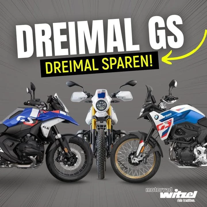 Vorschaubild für Post - dreimal GS – dreimal sparen! 🏍️💨

Die R 1300 GS ist wie gemacht für die, die kein Abenteuer scheuen: sattes Drehmoment, Hightech bis in die Fingerspitzen und Komfort, der auch die längste Tour zum Genuss macht. 

Die F 900 GS überzeugt, wenn du Agilität und Spaß in der Stadt oder auf kurvigen Landstraßen willst – kompakt, wendig, aber voller Charakter. 

Und dann die R 12 G/S – pure Legende, die Geschichte atmet und jedes Herz eines GS-Fans höher schlagen lässt. ❤️

Welche würdet ihr wählen, wenn ihr sofort losfahren könntet? 😉

Kommt vorbei, setzt euch auf jede GS und erlebt selbst, welche euch das Herz höher schlagen lässt. 🏁

👉Egal ob Neufahrzeug oder Vorführer – jetzt zugreifen und beim Kauf *ordentlich sparen!* Nur solange der Vorrat reicht. 💪🏼 

#bmwmotorrad #bmwgs #bmwdriver #motorradliebe #Motorradliebe #sparen #bmw1300gs #bmwf900gs #BMWR12GS #infranken #schweinfurt