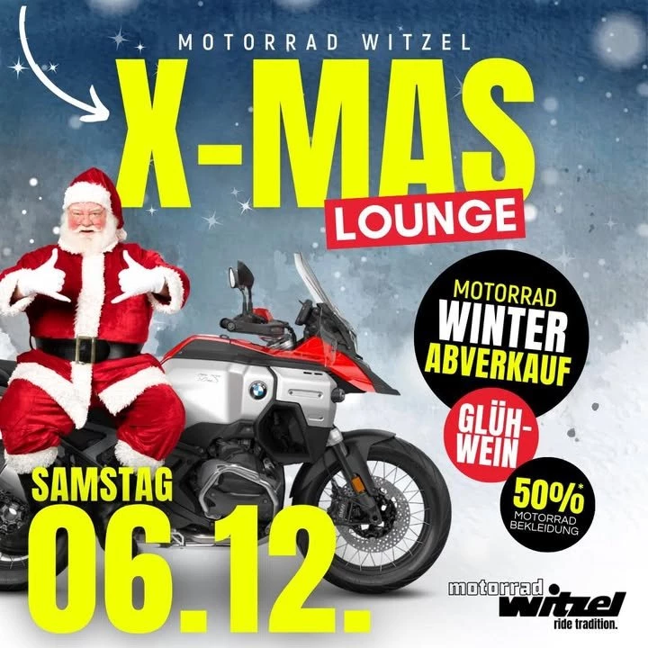 Vorschaubild für Post - 🎄 Motorrad Witzel – X-MAS Lounge 🎅
Samstag, 06.12. | 9–13 Uhr

Wir machen’s euch gemütlich – und gleichzeitig richtig heiß aufs Sparen! 🔥

Freut euch auf eine X-MAS Lounge voller Stimmung, starken Deals und einem Besuch vom Weihnachtsmann höchstpersönlich! 🎁✨

👉 Motorrad Winter-Abverkauf 🏍️
👉 Mega Sale – 50% auf Motorradbekleidung 🔥
👉 Glühwein & Lebkuchen für die perfekte Weihnachtsstimmung 🍷🍪
👉 Viele weihnachtliche Angebote 🎄

Kommt vorbei, genießt die Atmosphäre und sichert euch eure X-MAS Schnäppchen! 🎅✨
Wir freuen uns auf euch!

#MotorradWitzel #XMASLounge #XMASSale #BikerXMas #Weihnachtsmann #GlühweinTime #MotorradSale #MotorradBekleidung #WinterAbverkauf #BikerCommunity #Schnäppchenjagd #Sennfeld