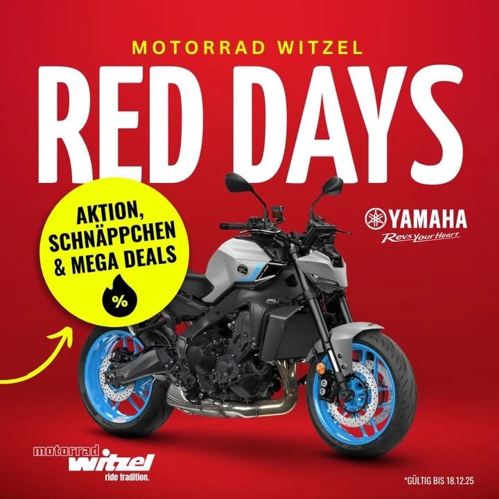 Vorschaubild für Post - 🚨 YAMAHA SALE: Dein Traumbike wartet!😎🔥

💥 Top-Promos & Traumkonditionen
💥 Egal ob Roller, Tourer oder Sportler 
💥 Finanzierung? Kein Thema – alles flexibel deinem Budget angepasst!

❌Aber Achtung: 
Die Angebote sind begrenzt und nur bis 18.12.25 gültig!
👉 Jetzt schnell sein und Traumbike sichern!

#Yamaha #TraumBike #MotorradWitzel #MotorradLiebe #Fahrspaß #PowerAufZweiRädern #TopAngebot #SaisonStart2026 #MotorradPromos #JetztZuschlagen #BikerLife #Aktion #sale