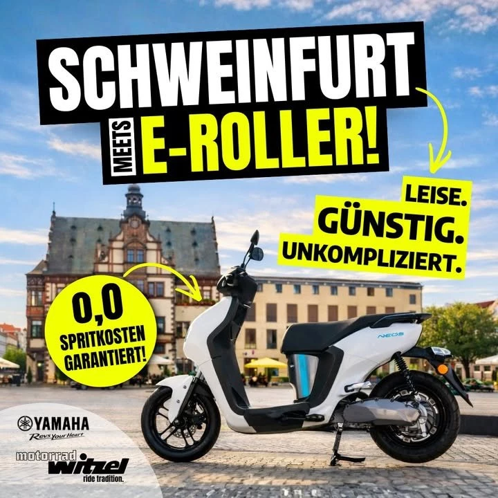 Vorschaubild für Post - 𝗦𝗽𝗿𝗶𝘁𝗽𝗿𝗲𝗶𝘀𝗲 𝗻𝗲𝗿𝘃𝗲𝗻? ⛽😵‍💫

Dann steig um.
Der E-Roller 𝗡𝗘𝗢𝗦 von Yamaha bringt dich leise, günstig und unkompliziert durch Schweinfurt.

🛵 𝟬,𝟬 𝗦𝗽𝗿𝗶𝘁𝗸𝗼𝘀𝘁𝗲𝗻
🔋 Elektrisch unterwegs
🤫 Flüsterleise durch die City

Perfekt für Arbeit, Freunde treffen oder den schnellen Weg durch die Stadt.

👉 𝗝𝗲𝘁𝘇𝘁 𝗯𝗲𝗶 𝘂𝗻𝘀 𝗶𝗻 𝗦𝗲𝗻𝗻𝗳𝗲𝗹𝗱 𝗲𝗻𝘁𝗱𝗲𝗰𝗸𝗲𝗻 𝘂𝗻𝗱 𝗣𝗿𝗼𝗯𝗲𝗳𝗮𝗵𝗿𝗲𝗻!

#Schweinfurt #ERoller #EMobilität #YamahaNeos #SpritSparen #Elektromobilität #MotorradWitzel #CityMobilität #UrbanRide