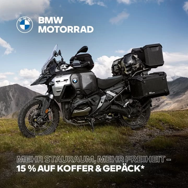 Vorschaubild für Post - MEHR STAURAUM FÜR MEHR FREIHEIT

Startklar für die nächste große Reise?
Die schönste Zeit mit Deinem Bike steht Dir noch bevor – volle
Freiheit, neue Horizonte und jede Menge unvergessliche Touren.
Damit Du bestens ausgerüstet bist, gibt’s jetzt 15 % Preisvorteil
auf Koffer, Topcases und Softgepäck.*

Egal ob Wochenendtour oder große Reise: Mit dem passenden
Gepäcksystem bist Du für jedes Abenteuer perfekt vorbereitet.
Robuste Aluminium- und Kunststoffkoffer oder flexibles Softgepäck?
Du entscheidest, wie Du unterwegs bist – und sicherst Dir dabei
Deinen Vorteil.

Mehr Infos findest Du bei Deinem BMW Motorrad Partner oder
unter bmw-motorrad.de/highlight

------------
*Gültig im Aktionszeitraum 01.04.2026 bis 31.05.2026, nur bei teilnehmenden BMW Motorrad Partnern, solange der
Vorrat reicht, nicht mit anderen Aktionen kombinierbar. Irrtümer, Änderungen und Druckfehler vorbehalten. Ausgenommen
sind Rucksäcke und Hip Bags, der Einbau, Anbauteile, Befestigungen/Anbindungen und Kleinteile. Details hierzu bekommst
Du bei Deinem BMW Motorrad Partner.

#MakeLifeARide #BMWMotorrad #Gepäcksysteme