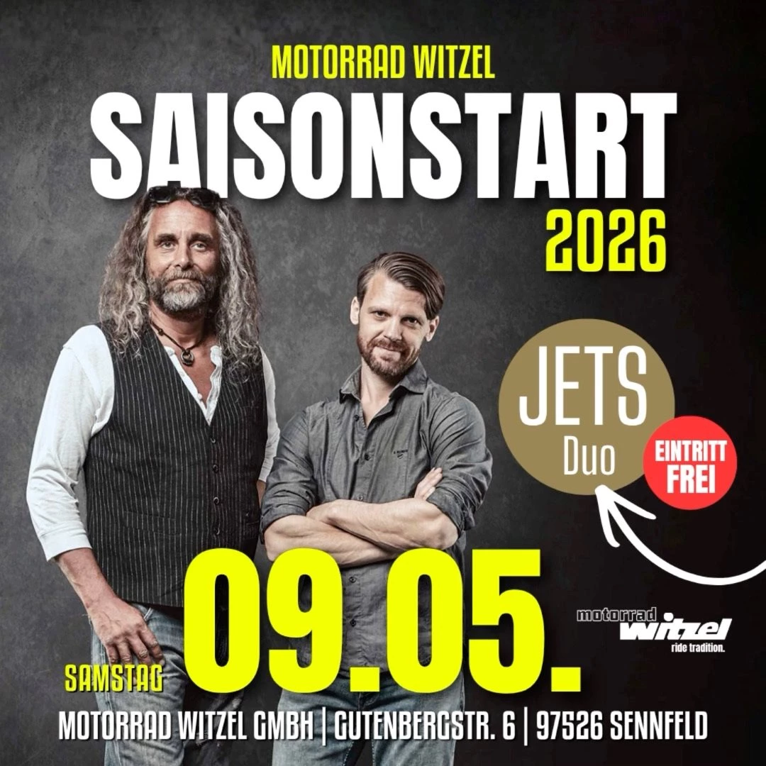 Vorschaubild für Post - 🎶 Live im Rampenlicht: 
𝗗𝗮𝘀 𝗝𝗘𝗧𝗦 𝗗𝘂𝗼 𝗯𝗲𝗶𝗺 𝗦𝗮𝗶𝘀𝗼𝗻𝘀𝘁𝗮𝗿𝘁 𝟮𝟬𝟮𝟲

Wenn bei Motorrad Witzel in Sennfeld die neue Motorradsaison eingeläutet wird, sorgt ein musikalisches Highlight für unvergessliche Momente: das JETS Duo. Am 𝗦𝗮𝗺𝘀𝘁𝗮𝗴, 𝗱𝗲𝗻 𝟬𝟵. 𝗠𝗮𝗶 𝟮𝟬𝟮𝟲, verwandeln sie das Event von 12:00 bis 17:30 Uhr in ein echtes Live-Erlebnis voller Energie, Emotionen und mitreißender Sounds.

Mit ihrer beeindruckenden Bühnenpräsenz und einem vielseitigen Repertoire begeistern die Künstler ihr Publikum von der ersten bis zur letzten Minute. Von legendären Klassikern bis hin zu modernen Hits – das JETS Duo verbindet Songs von ABBA bis ZAPPA mit gefühlvollem Soul und ausdrucksstarkem Gesang. Jeder Auftritt steht für pure Leidenschaft und erstklassige Unterhaltung.

Besondere Bekanntheit erlangten die Musiker durch ihre erfolgreiche Teilnahme an „The Voice of Germany“. Heute zählen sie zu den gefragtesten Live-Acts Süddeutschlands und garantieren eine Atmosphäre, die begeistert und in Erinnerung bleibt.

Eingebettet in den Saisonstart von Motorrad Witzel erwartet die Besucherinnen und Besucher ein Tag voller Highlights: neueste Motorradmodelle, spannende Trends, Partner-Aussteller,  kulinarische Genüsse und ein Gewinnspiel mit attraktiven Preisen. 

𝗗𝗲𝗿 𝗘𝗶𝗻𝘁𝗿𝗶𝘁𝘁 𝗶𝘀𝘁 𝗳𝗿𝗲𝗶 – 𝗯𝗲𝘀𝘁𝗲 𝗦𝘁𝗶𝗺𝗺𝘂𝗻𝗴 𝗶𝗻𝗸𝗹𝘂𝘀𝗶𝘃𝗲.

Datum: Samstag, 09. Mai 2026
Uhrzeit: 10:00 – 18:00 Uhr
Live-Musik: 12:00 – 17:30 Uhr
Ort: Motorrad Witzel, Gutenbergstr. 6, 97526 Sennfeld

 #saisonstart #MotorradWitzel #jetsduo #schweinfurt #musik #fyi #FYI