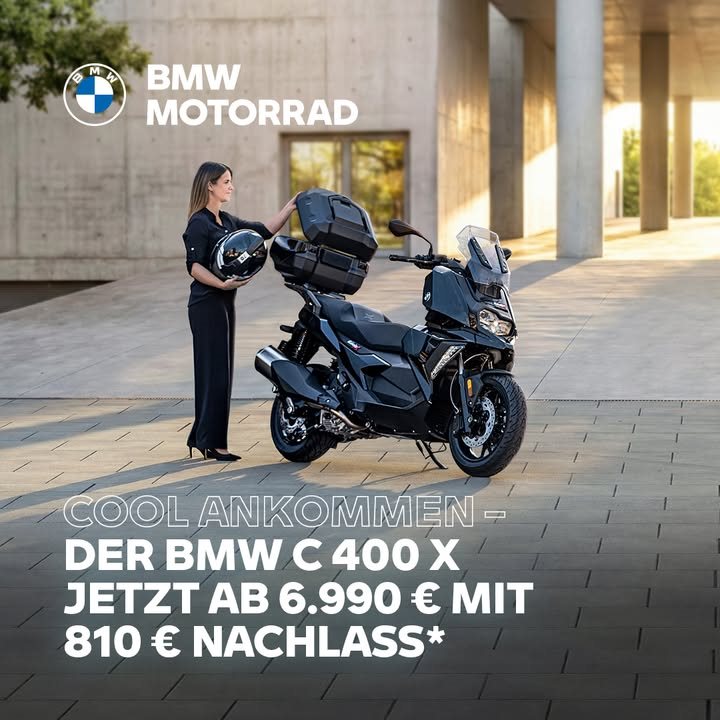 Vorschaubild für Post - 𝗖𝗢𝗢𝗟 𝗔𝗡𝗞𝗢𝗠𝗠𝗘𝗡 - 𝗗𝗘𝗥 𝗕𝗠𝗪 𝗖 𝟰𝟬𝟬 𝗫
JETZT AB 6.990 € MIT 810 € NACHLASS*

Der BMW C 400 X ist ein echtes Erlebnis auf zwei Rädern: urbaner Puls, spürbare Dynamik und agiler Fahrspaß auf derStraße – auch mit einem A2 Führerschein. 𝗡𝘂𝘁𝘇𝗲 𝗗𝗲𝗶𝗻𝗲 𝗖𝗵𝗮𝗻𝗰𝗲!

Jetzt bekommst Du den starken Scooter inklusive 810 € Preisvorteil ab 6.990 € bei Sofortkauf.*

#MakeLifeARide #BMWMottorad #C400X

*Das Angebot gilt, solange der Vorrat reicht. Nicht mit anderen Aktionen kombinierbar, zzgl. Überführung und Zulassung. Druckfehler, Irrtümer & Änderungen vorbehalten. Hersteller-Nachlass i.H.v. 810 € bei Barkauf auf die unverbindliche Preisempfehlung (UPE) von BMW Motorrad Deutschland, alle Preise inkl. 19 % MwSt., gültig bei Kauf und Übernahme eines neuen BMW C 400 X bis 30.06.2026 bei teilnehmenden BMW Motorrad Partnern in Deutschland. Deinen finalen Preis inkl. aller Nebenkosten erfährst Du bei Deinem BMW Motorrad Partner.