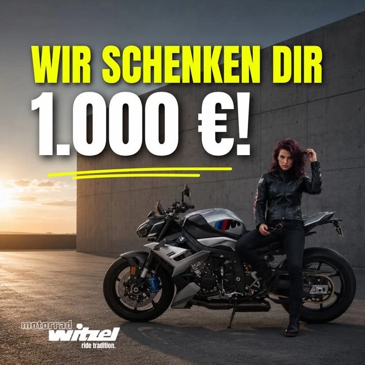 Vorschaubild für Post - 𝗪𝗜𝗥 𝗦𝗖𝗛𝗘𝗡𝗞𝗘𝗡 𝗗𝗜𝗥 𝟭.𝟬𝟬𝟬 €!*
Jede Tour beginnt mit einem Gefühl – und dem richtigen Equipment. Hol Dir jetzt Dein neues BMW Bike und starte mit Fahrerausstattung oder Zubehör im Wert von 1.000 € gratis* direkt ins nächste Abenteuer.

#MakeLifeARide #BMWMottorad #Fahrerausstattung 
#MotorradWitzel

*Nachlass gilt auf Original BMW Motorrad Zubehör oder Fahrerausstattung im
Wert von mind. 1.000 € UPE brutto in Kombination mit dem Kauf eines BMW
Motorrad Lagerfahrzeuges Modelljahr 2025 oder älter und Kundenauslieferung bis
30.06.2026. Ausgenommen BMW C 400 X, BMW C 400 GT, BMW F 900 R/A2,
BMW CE 02 AM. Druckfehler, Irrtümer und Änderungen vorbehalten.
Nur solange der Vorrat reicht.