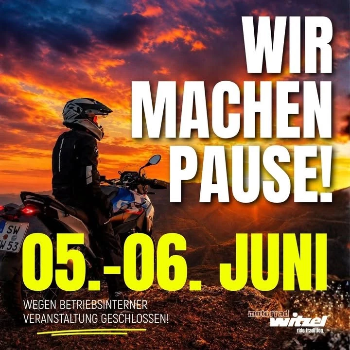 Vorschaubild für Post - Kurze Pause – bald sind wir wieder für euch da! 🔥🏍️

Am 05. & 06. Juni bleibt unser Geschäft wegen einer betriebsinternen Veranstaltung geschlossen. Ab danach sind wir wieder mit voller Energie für euch am Start! 💪😎

Danke für euer Verständnis und bis ganz bald bei uns im Store! 🙌

#WirMachenPause #MotorradWitzel #TeamSpirit #RideTradition #Motorradliebe #BikerLife #Motorradfahrer #BikeCommunity #Motorrad #Biker #RideMore #Motorradsaison #OnTheRoad #MotorcycleLifestyle #ClosedNotice #WirSindBaldZurück 🏍️🔥