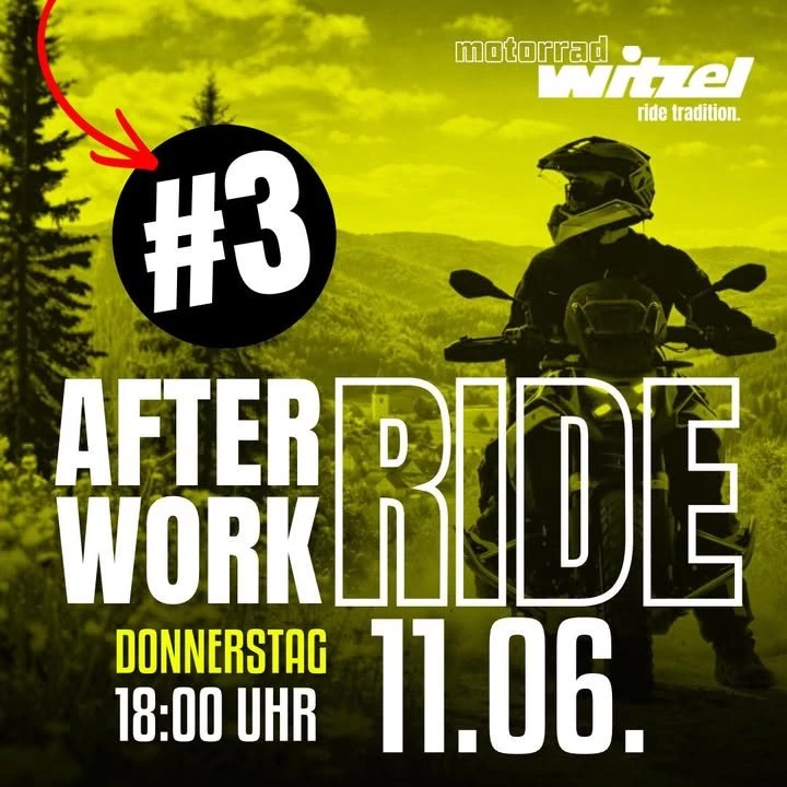 Vorschaubild für Post - 3. AFTER WORK RIDE – Feierabend. Freiheit. Fahrspaß. 🔥🏍️

Am Donnerstag, den 11. Juni 2026, tauschen wir Schreibtisch gegen Kurven, Alltag gegen Abenteuer und starten gemeinsam zu einer entspannten Feierabendtour durch unsere wunderschöne Region. 🌅🏍️

📍 Treffpunkt: Motorrad Witzel, Sennfeld
⏰ Start: 18:00 Uhr
⛽ Wichtig: Bitte vollgetankt erscheinen
🍽️ Einkehr: Gemeinsame Pause mit leckerem Essen und guten Gesprächen
🛣️ Strecke: ca. 120 km voller Fahrspaß

Freut euch auf kurvenreiche Straßen, tolle Ausblicke, interessante Benzingespräche und jede Menge echtes Biker-Feeling. 🤘😎

Ob Stammfahrer oder zum ersten Mal dabei – jeder Motorradbegeisterte ist herzlich willkommen! Lasst uns gemeinsam den Feierabend genießen und unvergessliche Kilometer sammeln. 💨🏍️

👉 Die Teilnahme ist kostenlos!

Wer ist dabei? Schreibt es in die Kommentare! 👇

#AfterWorkRide #MotorradWitzel #BMWMotorrad #RideOut #BikerLife #Motorradfahren #Kurvenjagd #FeierabendTour #Benzingespräche #ZweiradLiebe #MotorradCommunity #Sennfeld #UnterwegsMitFreunden #RideAndEnjoy #MotorcycleLife #BayernBiker #MotorradEvent #Ausfahrt #RideTogether #BikerFeeling 🏍️🔥
