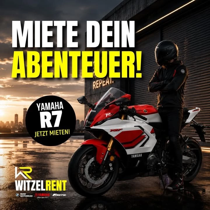 Vorschaubild für Post - Jetzt neu in unserem Mietfuhrpark! 🔥🏍️
Erlebe die neue Yamaha R7 und genieße puren Fahrspaß auf kurvenreichen Landstraßen, bei Wochenendtouren oder einfach für den perfekten Ausflug. 😎

✅ Sportliches Design
✅ Dynamisches Handling
✅ Perfekt für Einsteiger und erfahrene Fahrer
✅ Flexibel mieten und direkt losfahren

Sichere dir jetzt deinen Wunschtermin und starte in dein nächstes Abenteuer! 🚀
👉 https://www.motorradwitzel.de/de/motorrad-mieten

#MotorradWitzel #WitzelRent #YamahaR7 #Yamaha #MotorradMieten #BikeRental #Sportbike #RideMore #Motorradliebe #BikerLife #Motorradtour #RentABike #Kurvenspaß #RideYourDream #yamahamotorperú