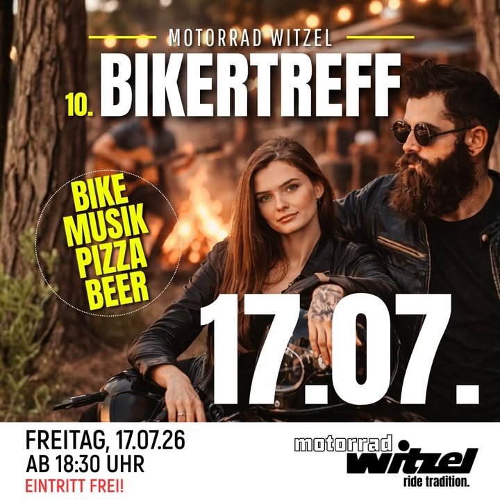 Vorschaubild für Post - 🏍️🔥 𝟭𝟬. 𝗪𝗜𝗧𝗭𝗘𝗟 𝗕𝗜𝗞𝗘𝗥𝗧𝗥𝗘𝗙𝗙 – 𝗦𝗘𝗜 𝗗𝗔𝗕𝗘𝗜! 🔥🏍️

Der legendäre WITZEL Bikertreff geht in die 10. Runde! 🎉
Freu dich auf einen unvergesslichen Sommerabend mit allem, was das Bikerherz höherschlagen lässt:

🍕 Frische Pizza
🍻 Kühle Drinks
🎸 Live-Musik
🔥 Lagerfeuer-Atmosphäre
🤝 Benzingespräche mit Gleichgesinnten

Egal ob Motorradfahrer, Schrauber oder einfach Fan der einzigartigen Biker-Community – komm vorbei und genieße einen entspannten Abend voller guter Gespräche, neuer Bekanntschaften und echter Motorradleidenschaft.

📅 Freitag, 17.07.2026
🕡 Ab 18:30 Uhr
📍 Motorrad Witzel
Gutenbergstraße 6, 97526 Sennfeld

💥 𝗗𝗲𝗿 𝗘𝗶𝗻𝘁𝗿𝗶𝘁𝘁 𝗶𝘀𝘁 𝗸𝗼𝘀𝘁𝗲𝗻𝗹𝗼𝘀!

Markiere deine Freunde, pack die Motorradjacke ein und sei dabei, wenn wir gemeinsam den Sommer feiern! 🏍️☀️

#WitzelBikertreff #MotorradWitzel #BikerTreff #Motorradliebe #BikerLife #LiveMusik #PizzaAusDemSteinofen #Sennfeld #Motorradfahren #RideAndMeet #Benzingespräche #MotorradCommunity #BikeNight #MotorcycleLife #BMWMotorrad