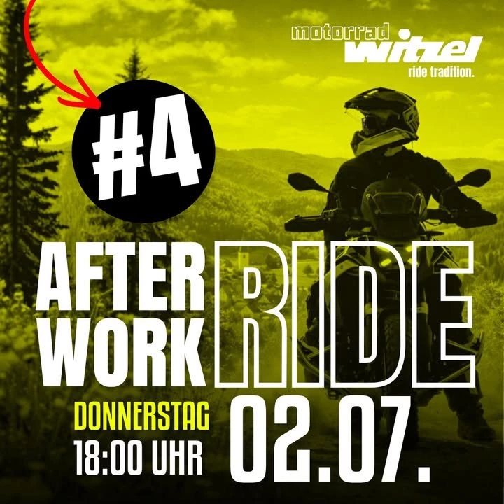 Vorschaubild für Post - 𝟰. 𝗔𝗙𝗧𝗘𝗥 𝗪𝗢𝗥𝗞 𝗥𝗜𝗗𝗘 – Die Straße ruft!

Feierabend? 
Dann wird's Zeit für das, was wirklich zählt: Motorradfahren!

Am 𝗗𝗼𝗻𝗻𝗲𝗿𝘀𝘁𝗮𝗴, 𝟬𝟮.𝟬𝟳.𝟮𝟬𝟮𝟲, starten wir gemeinsam zum 4. AFTER WORK RIDE der Saison. Freu dich auf rund 120 km voller Kurven, traumhafter Strecken und jeder Menge Fahrspaß.

📍 Treffpunkt: Motorrad Witzel, Gutenbergstr. 6, Sennfeld
🕕 Start: 18:00 Uhr (bitte pünktlich)
⛽ Wichtig: Bitte vollgetankt erscheinen
🍽️ Gemeinsame Einkehr unterwegs
🏍️ Strecke: ca. 120 km

Egal ob BMW, Yamaha oder eine andere Marke – jeder Motorradfahrer ist herzlich willkommen!

✅ Die Teilnahme ist kostenlos.

👉 Wer ist beim AFTER WORK RIDE #4 dabei? 
Schreib ein 🏍️ in die Kommentare oder markiere deinen Tourenpartner!

Wir freuen uns auf einen unvergesslichen Sommerabend mit euch! ☀️

#MotorradWitzel #AfterWorkRide #Motorradtour #Sennfeld #Schweinfurt #Motorradfahren #Kurvenspaß #RideTogether #BMWMotorrad #YamahaMotor