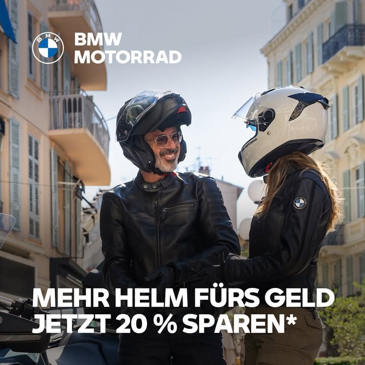 Vorschaubild für Post - MEHR HELM FÜRS GELD
JETZT 20 % SPAREN*

50 Jahre Helmentwicklung bei BMW Motorrad – ein halbes Jahrhundert voller Innovation und Leidenschaft. Mit dem Helm System 7 Carbon Evo erlebst Du ein Helmsystem, das Komfort, Funktionalität und Design auf ein neues Level bringt: werkzeuglos vom Integral- zum Jethelm, durchdachte Belüftung und Aerodynamik für jede Strecke. 

Jetzt ist der perfekte Moment, Dein Setup zu upgraden:
Sichere Dir 20 % Preisvorteil* und erlebe Premium-Komfort bei jeder Fahrt.

* Gültig im Aktionszeitraum 06.07.2026 bis 02.10.2026, nur für den Helm System 7 Carbon Evo bei teilnehmenden BMW Motorrad Partnern, nur solange der Vorrat reicht, nicht mit anderen Aktionen kombinierbar. Preisvorteil von 20 % gegenüber der unverbindlichen Preisempfehlung (UVP) von BMW Motorrad. Die Verfügbarkeit ist abhängig von Lagerbestand und Vorrätigkeit beim jeweiligen Händler; bestimmte Größen, Ausführungen oder Dekore können nicht verfügbar sein. Irrtümer und Änderungen vorbehalten. 

#BMWMotorrad #MakeLifeARide #50JahreInnovation #MotorradWitzel