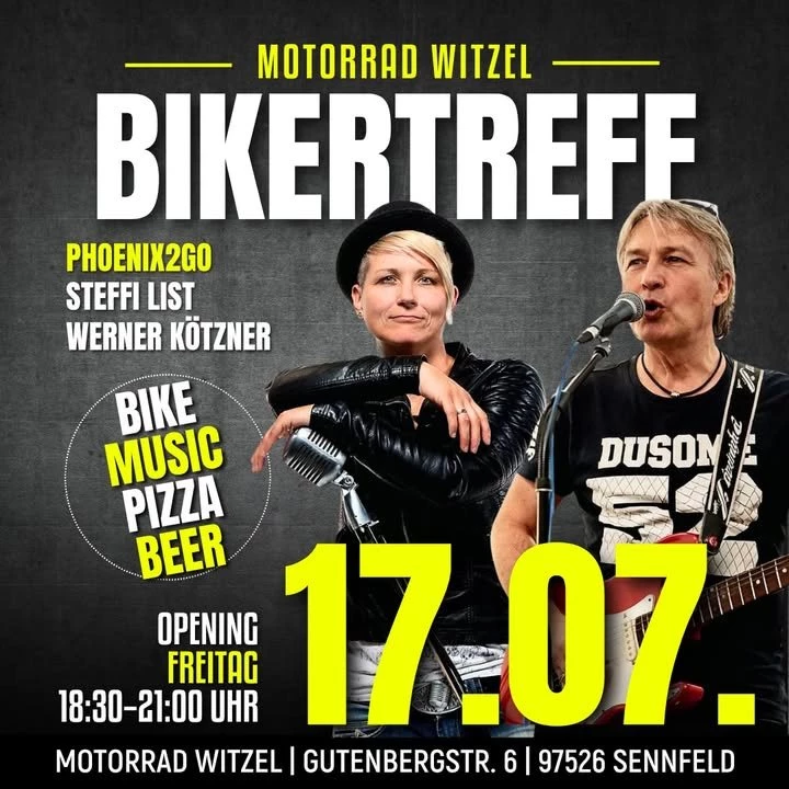 Vorschaubild für Post - MOTORRAD WITZEL BIKERTREFF – 
DAS SOMMER-HIGHLIGHT FÜR ALLE BIKER!🔥🏍️

Am Freitag, den 17.07.2026, feiern wir gemeinsam den 10. WITZEL Bikertreff – und du solltest dabei sein! 🤘

Freu dich auf einen unvergesslichen Abend mit jeder Menge Highlights:

🎸 Live-Musik  mit PHOENIX2Go, Steffi List und Werner Kötzner
✂️ Obait vom Studio97 ist mit seinem Barbier-Team am Start
🍕 Frische Pizza
🍻 Kühle Drinks
🔥 Lagerfeuer-Atmosphäre
🏍️ Motorrad - Highlights
🤝 Benzingespräche mit der besten Biker-Community der Region

Ganz gleich, ob du Motorrad fährst, leidenschaftlich schraubst oder einfach die besondere Atmosphäre genießen möchtest – bei uns ist jeder herzlich willkommen!

📅 Freitag, 17.07.2026
🕡 Ab 18:30 Uhr
📍 Motorrad Witzel
Gutenbergstraße 6, 97526 Sennfeld

💥 Der Eintritt ist selbstverständlich kostenlos!

👉 Markiere deine Freunde, schnapp dir deine Motorradjacke und erlebe mit uns einen legendären Sommerabend voller Musik, Motorräder und guter Stimmung.

Wir freuen uns auf euch! 🏍️🔥

#MotorradWitzel #WitzelBikertreff #BikerTreff #BMWMotorrad #Yamaha #LiveMusik #Phoenix2Go #SteffiList #WernerKutzner #Studio97 #Barbier #Sennfeld #BikerCommunity