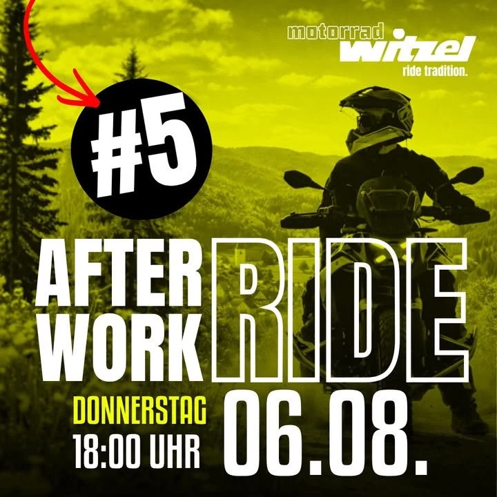 Vorschaubild für Post - 5. AFTER WORK RIDE – Der Feierabend gehört der Straße! 🏍️🔥

Der Sommer ist in vollem Gange – und wir starten gemeinsam in den 5. AFTER WORK RIDE der Saison! 🌅

Am Donnerstag, 06. August 2026, heißt es wieder: Motor starten, Alltag hinter sich lassen und gemeinsam eine der schönsten Feierabendrunden der Region erleben. Freut euch auf rund 120 Kilometer voller Kurven, traumhafter Ausblicke und echtem Fahrspaß – natürlich mit einer gemütlichen Einkehr unterwegs.

📍 Treffpunkt: Motorrad Witzel, Gutenbergs. 6, 97526 Sennfeld
🗓️ Donnerstag, 06.08.2026
🕕 Start: pünktlich um 18:00 Uhr
⛽ Bitte kommt mit vollem Tank
🍽️ Gemeinsame Pause mit Einkehr
🏍️ Strecke: ca. 120 km
💙 Die Teilnahme ist kostenlos.

Egal ob Stammfahrer oder zum ersten Mal dabei – jeder ist herzlich willkommen. Gemeinsam fahren, Benzingespräche führen und einen unvergesslichen Sommerabend erleben – genau dafür stehen unsere After Work Rides.

👉 Wer ist beim #5 dabei?
Markiere deine Mitfahrer und schreib es in die Kommentare! 

Wir freuen uns auf einen großartigen Abend mit euch. 🙌

#MotorradWitzel #AfterWorkRide #BMWMotorrad #Yamaha #Motorradfahren #Sennfeld #Schweinfurt #RideTogether #Kurvenspaß #BikerCommunity #FeierabendTour #RideWithFriends
