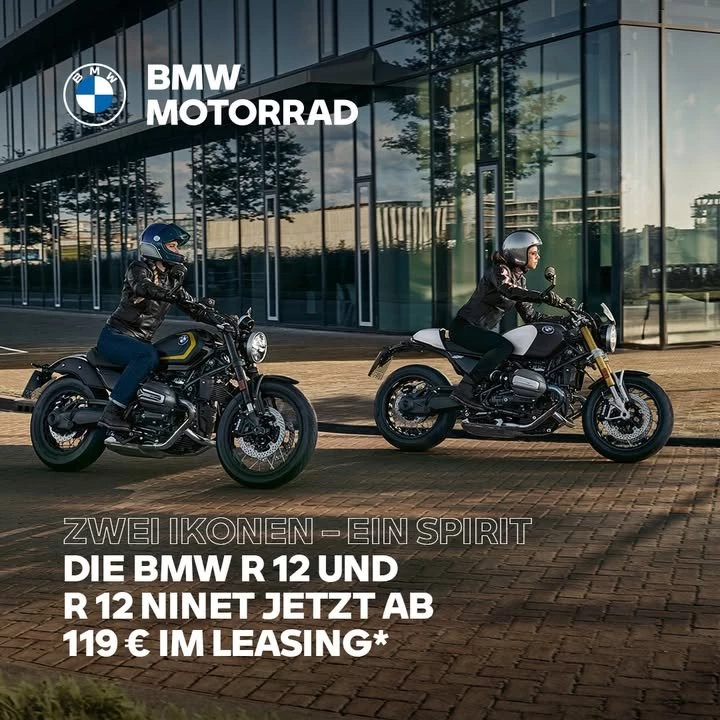 Vorschaubild für Post - Ein Boxer-Herz, zwei individuelle Charaktere:
Während die R 12 für lässiges pures Cruisen steht, ist die R 12 nineT expressiv und fordert die Straße mit sportlicher Dynamik heraus und ist durch und durch customizing-ready. Auch als A2-Variante erhältlich.

#MakeLifeARide #R12 #R12nineT #BMWMotorrad

*BMW R 12: Ein unverbindliches Leasingbeispiel der BMW Bank GmbH, Lilienthalallee
26, 80939 München. Stand 07/2026. Anschaffungspreis 14.460,00 €,
Leasingsonderzahlung 1.499,98 €, Laufleistung 4.000 km p.a., Laufzeit 24 Monate,
24 monatliche Leasingraten à 119,00 €, Gesamtpreis 4.355,98 €. Zzgl. einmaliger
Bereitstellungspauschale. Alle Preise inkl. der gegebenenfalls gesetzlich anfallenden
Umsatzsteuer, sofern nicht anders gekennzeichnet. Für Verbraucher gelten ausschließlich die Preise inkl. der gegebenenfalls gesetzlich anfallenden Umsatzsteuer. Nach den Leasingbedingungen besteht die Verpflichtung, für das Fahrzeug eine Vollkaskoversicherung abzuschließen. Druckfehler, Irrtümer und Änderungen vorbehalten. Nur bei teilnehmenden BMW Motorrad Partnern.

**BMW R 12 nineT: Ein unverbindliches Leasingbeispiel der BMW Bank GmbH,
Lilienthalallee 26, 80939 München. Stand 07/2026. Anschaffungspreis 17.410,00
€, Leasingsonderzahlung 1.907,57 €, Laufleistung 4.000 km p.a., Laufzeit 24
Monate, 24 monatliche Leasingraten à 149,00 €, Gesamtpreis 5.483,57 €. Zzgl.
einmaliger Bereitstellungspauschale. Alle Preise inkl. der gegebenenfalls gesetzlich
anfallenden Umsatzsteuer, sofern nicht anders gekennzeichnet. Für Verbraucher gelten
ausschließlich die Preise inkl. der gegebenenfalls gesetzlich anfallenden Umsatzsteuer.
Nach den Leasingbedingungen besteht die Verpflichtung, für das Fahrzeug
eine Vollkaskoversicherung abzuschließen. Druckfehler, Irrtümer und Änderungen
vorbehalten. Nur bei teilnehmenden BMW Motorrad Partnern.