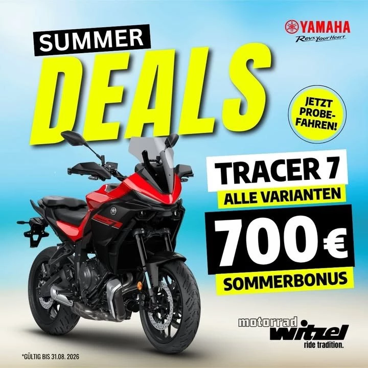 Vorschaubild für Post - ☀️🏍️ Sommer, Sonne, Fahrspaß! 🏍️☀️

💥 𝟳𝟬𝟬 € 𝗦𝗼𝗺𝗺𝗲𝗿𝗯𝗼𝗻𝘂𝘀 auf alle Yamaha TRACER 7 Varianten!

Jede Kurve ein Genuss – mit der 𝗬𝗮𝗺𝗮𝗵𝗮 𝗧𝗥𝗔𝗖𝗘𝗥 𝟳 erlebst du Sporttouring in einer neuen Dimension. Egal ob Feierabendrunde oder große Tour: Die TRACER 7 überzeugt mit agilem Handling, kraftvollem CP2-Motor und maximalem Fahrkomfort.

🔥 𝗛𝗶𝗴𝗵𝗹𝗶𝗴𝗵𝘁𝘀:
✅ Yamaha RideControl mit verschiedenen Fahrmodi
✅ Optionales 𝗬-𝗔𝗠𝗧 𝗦𝗰𝗵𝗮𝗹𝘁𝗴𝗲𝘁𝗿𝗶𝗲𝗯𝗲 für blitzschnelle Gangwechsel auf Knopfdruck
✅ Komfort und Dynamik für Alltag & Abenteuer
✅ Sofort verfügbar!

👉Jetzt ist der perfekte Zeitpunkt, dir deinen Traum vom Sporttourer zu erfüllen. Komm vorbei, steig auf und überzeuge dich selbst bei einer Probefahrt! 🏍️😎

📅 Aktion gültig bis 31.08.2026, solange Vorrat reicht!

#MotorradWitzel #Yamaha #Tracer7 #YamahaTracer7 #SummerDeals #Sommerbonus #700EuroBonus #RideYourHeart #YamahaRideControl #YAMT #Motorrad #Motorradliebe #Touring #Adventure #Probefahrt #Sennfeld #Schweinfurt #RideMore #CP2 #JetztLosfahren