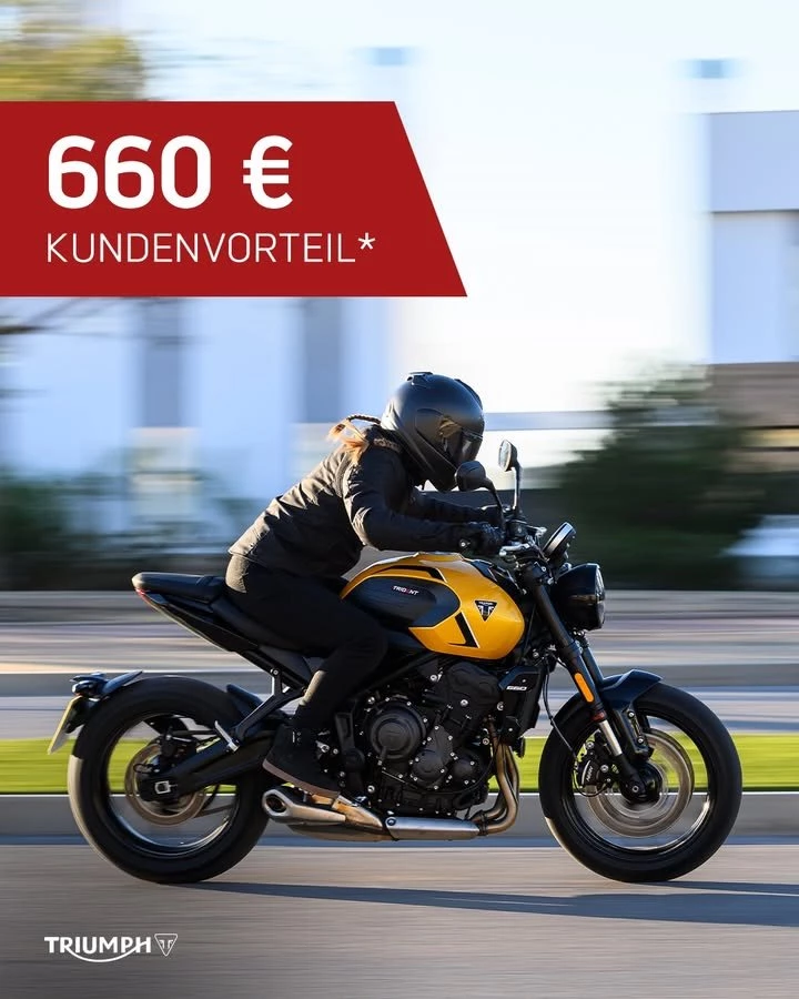 Vorschaubild für Post - Führerschein-Neulinge aufgepasst: 
Wir unterstützen dich beim Kauf deines ersten Bikes mit einem Preisnachlass von 1,00 € pro Kubikzentimeter!*

Entscheide dich für eine Trident 660, Tiger Sport 660 oder Daytona 660 und sichere dir so ganze 660 € Kundenvorteil.* 🤝

🔗 https://www.triumph-wuerzburg.de
*Angebotsdetails siehe Webseite, gültig für ausgewählte Modelle bis 30.06.2026