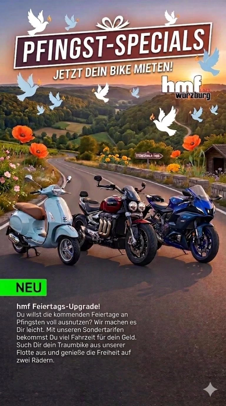Vorschaubild für Post - Hol dir in unserer Motorradvermeitung das hmf Feiertags-Upgrade für Fronleichnam ab Donnerstag, den 4. Juni 2026.

Du willst die Feiertage im Juni voll ausnutzen? Wir machen es dir leicht. Mit unseren Sondertarifen bekommst du deutlich mehr Fahrzeit für dein Geld. Such dir dein Traumbike aus unserer Flotte aus und genieße die Freiheit auf zwei Rädern.

Zum Beispiel den Feier(Tages)tarif – Das 41-Stunden-Special! Oder das XXL-Wochenende – Die ultimative Auszeit: Für alle, die gar nicht mehr absteigen wollen.

Alle Infos zu den aktuellen Mietbikes und auch den Sonderkonditionen findest du unter dem Link unten.

Viel Spaß schon vorab!