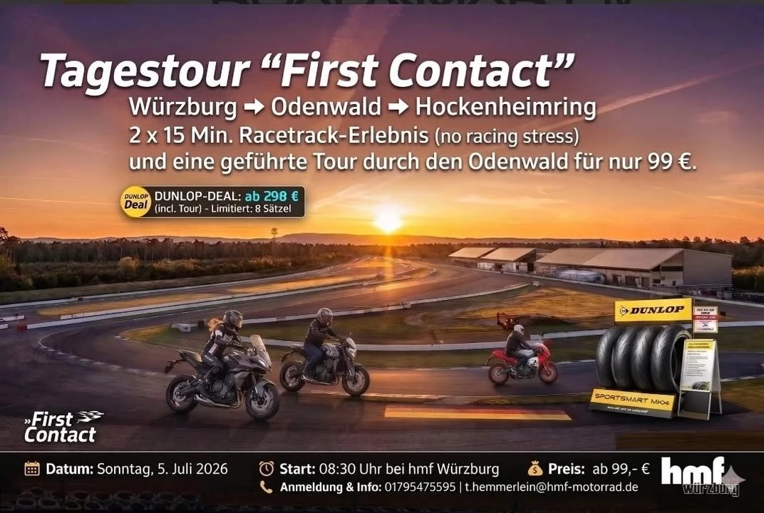 Vorschaubild für Post - Am Sonntag, den 5. Juli 2026, starten wir von hmf in Würzburg zu einer ganz besonderen Tagestour: Eine abwechslungsreiche Ausfahrt durch den Odenwald mit einem unvergesslichen Highlight – zwei Mal 15 Minuten Fahren auf dem legendären Hockenheimring. Preis 99 €.

Wir haben noch ein paar Restplätze frei. Bist Du dabei? 

Alle Infos und Anmeldung auf unserer Homepage, Link in der Bio!

#bikerlife #lebedeinentraum❤️ #schönsteshobby #BikeLife #wirliebenbikes #bikelife #hmfwuerzburg #leidenschaft #Motorradliebe #dunlopmotorrad #trackbike