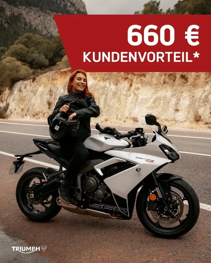 Vorschaubild für Post - Adrenalin auf zwei Rädern - die Daytona 660 bringt Sportlichkeit und pure Fahrfreude zusammen.
Jetzt zuschlagen und 660 € Kundenvorteil* sichern, aber nur noch bis 30.09.2025!
>> https://www.triumph-bonn.de <<
*Angebotsdetails siehe Webseite