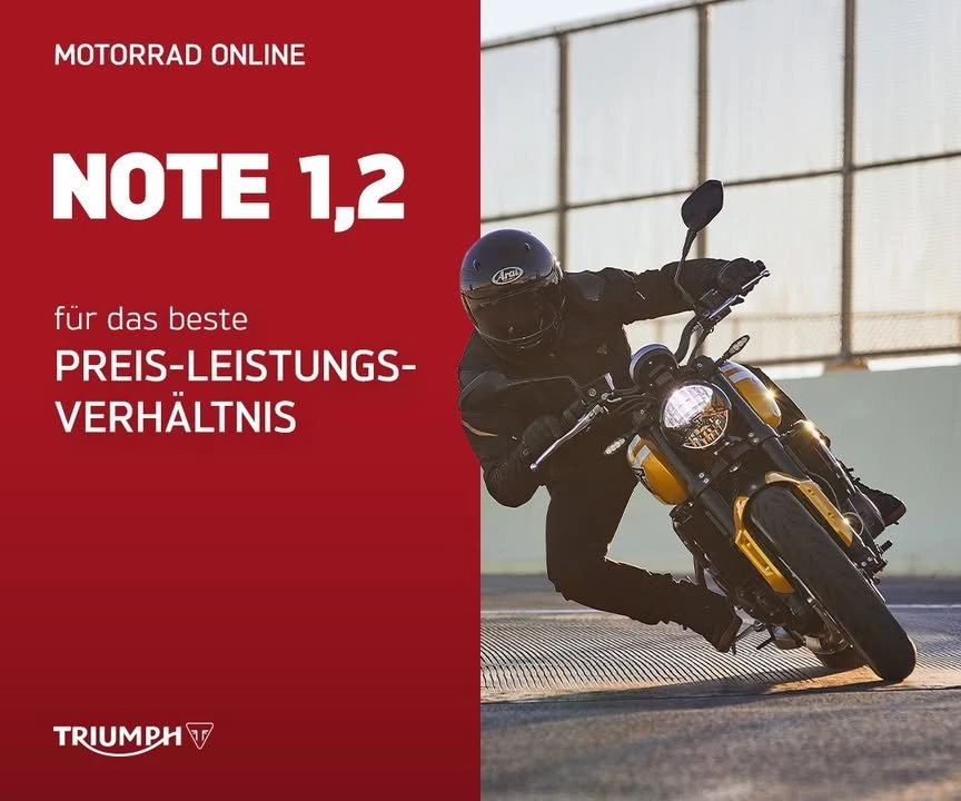 Vorschaubild für Post - Das kann sich sehen lassen:
MOTORRAD vergibt der Trident 660 die Note 1,2 fürs Preis-Leistungs-Verhältnis! 💪

Kein Wunder, denn sowohl die bisherige Variante als auch die neue 2026er Version liefern genau das, worum es beim Motorradfahren geht - puren Fahrspaß, und das zum absoluten Bestpreis. 👑

Übrigens: Noch bis 31.03.2026 kannst du dir die Trident 660 mit 700 € Kundenvorteil* sichern!

>> https://www.triumph-regensburg.de <<
*Angebotsdetails siehe Webseite