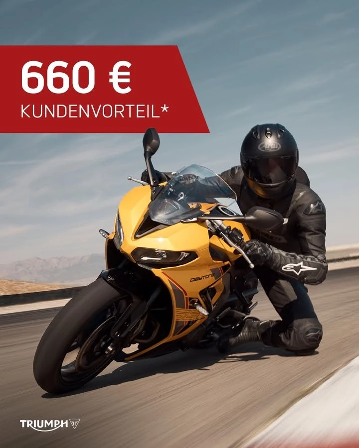 Vorschaubild für Post - Die legendäre Daytona ist zurück: 
Sichere dir noch bis 30.06.2026 einen satten Kundenvorteil* beim Kauf einer neuen Daytona 660!

🔗 https://www.triumph-regensburg.de
*Angebotsdetails siehe Webseite