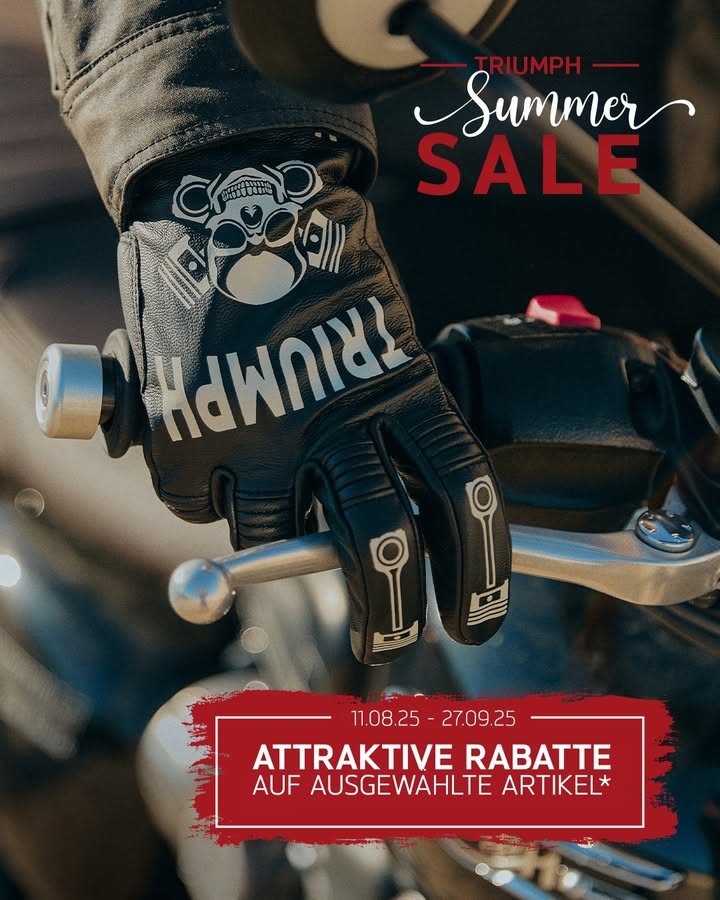 Vorschaubild für Post - Sommer, Sonne, Kurvenzeit: Ab Montag gibt's jede Menge Rabatte auf ausgewählte Bekleidungsteile! ☀️
*Gültig für ausgewählte Artikel aus dem vorrätigen Bekleidungssortiment
>> https://www.triumph-coburg.de <<