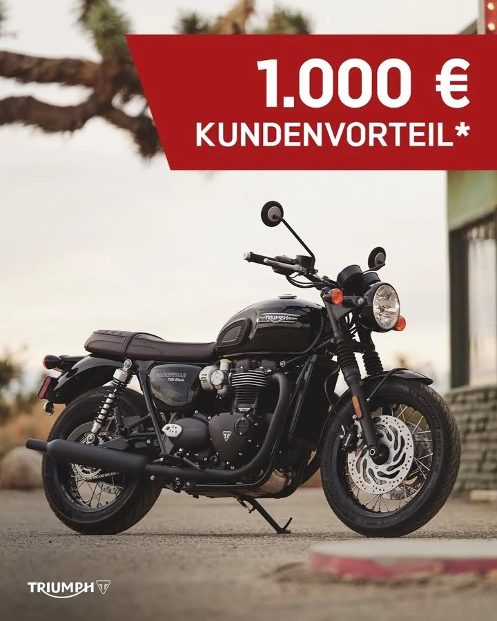 Vorschaubild für Post - Bonneville-Fans aufgepasst: 1.000 € Kundenvorteil* machen den Einstieg in die ikonische Welt der Bonnies noch leichter. 👌
Live erleben, anfassen, Platz nehmen. Jetzt bei uns im Showroom!
>> https://www.triumph-coburg.de <<
*Angebotsdetails siehe Webseite, gültig bis 30.09.2025 z. B. für die T120 Black