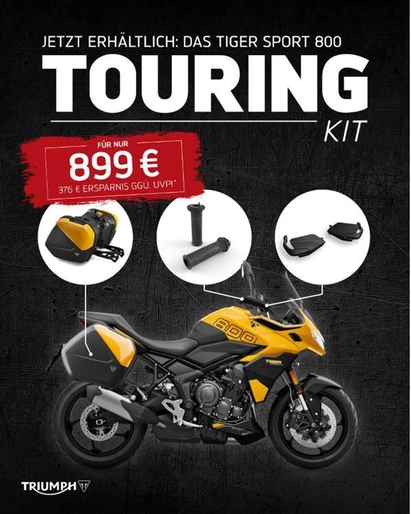 Vorschaubild für Post - Für alle Fans der Triumph Tiger Sport 800 bieten wir aktuell ein exklusives Touren-Kit an, mit dem ihr fast 400 Euro sparen könnt. Das Kit besteht aus Koffersatz inklusive lackierter Einsätze, Heizgriffen und Handprotektoren – natürlich alles originale Triumph-Zubehörteile.

Mit diesem Kit wird deine Tiger Sport 800 noch reisetauglicher. Alle Teile wurden entwickelt, um Komfort und Tourentauglichkeit auf das nächste Level zu bringen und das zu besonders attraktiven Preisen. Das Angebot gilt bis zum 15. Juni 2026, die Kollegen vom Teileverkauf helfen euch gerne bei allen Fragen weiter.