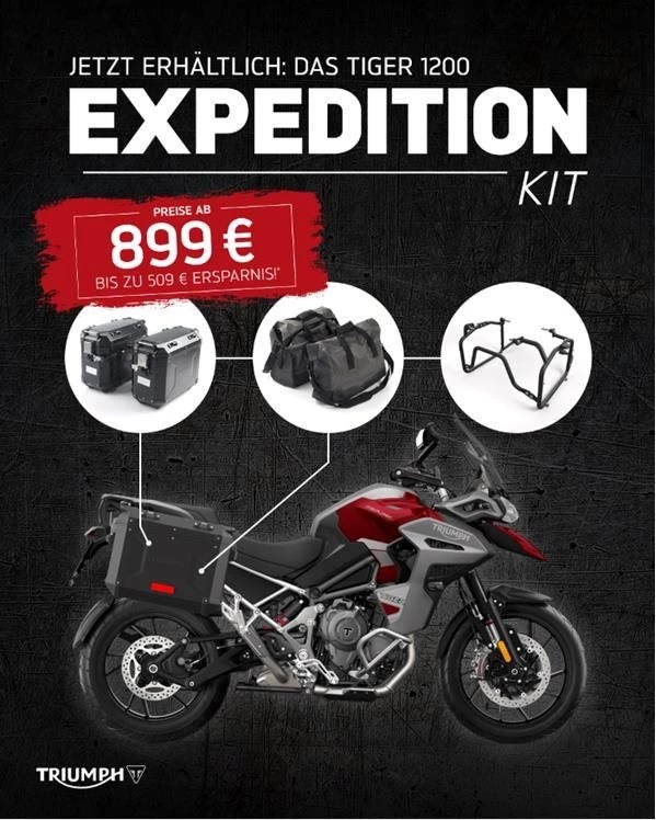 Vorschaubild für Post - Mach mehr aus deiner Triumph Tiger 1200 mit einem Expedition Kit, bestehend aus einem Koffer-Set inklusive Halterungen und Innentaschen.

Das Koffer-Set ist in drei Varianten verfügbar und bis zum 15. Juni für nur 899 Euro erhältlich, so dass du bis zu 509 Euro sparst. Die Kits sind robust und durchdacht, damit du auf deiner nächsten Tour noch mehr Gepäck mitnehmen kannst. Sie sind perfekt abgestimmt auf deine Tiger 1200 und gemacht für echte Abenteuer.