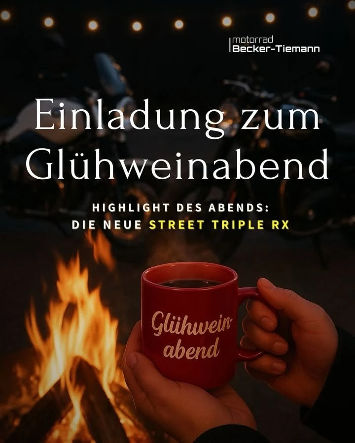 Vorschaubild für Post - 🌟 Gemütlicher Jahresausklang in Paderborn! 🌟

Wir laden Euch herzlich zu unserem gemütlichen Jahresausklang in unserer Filiale in Paderborn ein! 🏍️☕

🗓️ Wann: 12.12.2025 von 16 bis 19 Uhr 
📍 Wo: Triumph Paderborn, Halberstädter Straße 53

Freut Euch auf:

🔥 Heißen Glühwein (mit und ohne Alkohol)

🍪 Frische Waffeln und leckeres Weihnachtsgebäck 

🤩 Die Premiere des Abends: Wir präsentieren euch die neue Triumph Street Triple RX!

Anfassen, Probesitzen und Vorfühlen ist ausdrücklich erwünscht!

Unser Motto: Lieber den Glühwein kippen als das Motorrad 😅

Kommt vorbei und lasst uns das Jahr gemeinsam ausklingen! Wir freuen uns auf Euch!

#glühweinabend #Paderborn #Motorrad #triumphmotorcycle #StreetTripleRX
