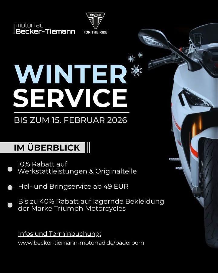 Vorschaubild für Post - Der Winter ist die ideale Zeit für alle Vorbereitungen auf die nächste Saison! ⚒️

Deswegen haben wir ein paar attraktive Winter-Specials für euch.

➡️ Swipe nach links und schau dir unsere Angebote genauer an. Auf dem letzten Bild findest du auch unsere Kontaktdaten. 

#beckertiemannmotorrad #Winterservice #paderborn #triumphpaderborn