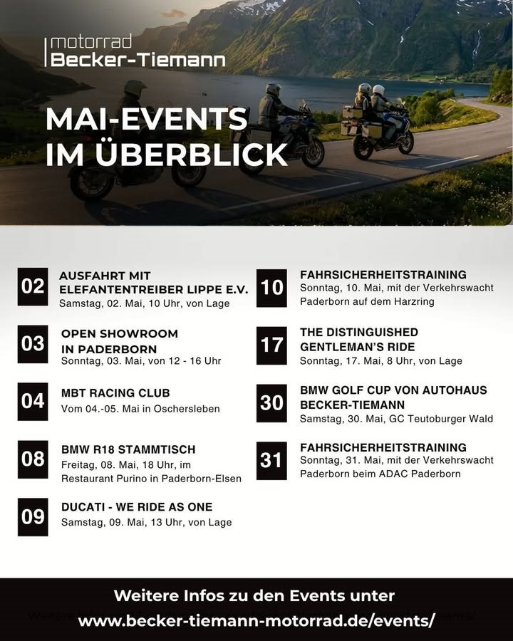 Vorschaubild für Post - 📍Unsere Mai-Events für dich! 
Wir haben wieder ein tolles Programm im Mai geplant und freuen uns über jeden, der mitfährt oder mal Hallo sagt.

Sei bei der ersten Tagestour der Elefantentreiber dabei, komm an diesen Sonntag, 03. Mai, nach Paderborn zwischen 12-16 Uhr und schau dich ganz in Ruhe um.

Oder du fährst gern Rennstrecke und suchst Gleichgesinnte aus der Region? Dann schließe dich unserer MBT Racing Community an, die am 04. Mai in Oschersleben ihren Auftakt hat. 

Du siehst, hie ist für jeden etwas dabei. Schau am besten mal auf unserer Homepage unter „Events“ vorbei. Dort findest du sowohl weitere Infos zu allen Events. 

Wir sehen uns!👋 

#motorradbeckertiemann #triumphpaderborn #paderborn #Lage #einbeck