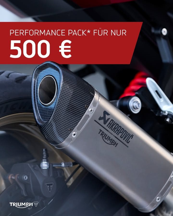 Vorschaubild für Post - Mehr Sound, mehr Charakter: Beim Kauf einer neuen Trident 800 sicherst du dir jetzt das Performance Pack für nur 500 €!*

Spare im Vergleich  zum regulären Einzelkauf über 700 € und freu dich über einen noch sportlicheren Auftritt:
👉 Akrapovič Slip-On mit Carbon-Endkappe
👉 Farblich passende Soziusabdeckung

🔗 www.triumph-chemnitz.de
*Angebotsdetails siehe Webseite