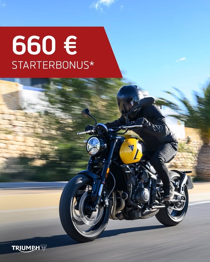 Vorschaubild für Post - Erstes Bike aussuchen und 660 €* sparen:
Wir unterstützen Führerschein-Neulinge der Klasse A2 oder A beim Kauf einer Trident 660, Tiger Sport 660 oder Daytona 660 mit einem Preisnachlass von 1 € pro Kubikzentimeter!*

🔗 www.triumph-chemnitz.de
*Angebotsdetails siehe Webseite