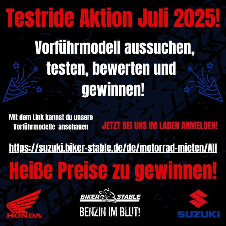 Vorschaubild für Post - https://suzuki.biker-stable.de/de/motorrad-mieten/All
Jetzt bei uns zum Testride anmelden und einen tollen Preis gewinnen!
Wie funktioniert's?
- Anmelden
- Testmotorrad aussuchen
- Testfahrt machen
- Bewertungsprotokoll ausfüllen
Und los geht's! Wir freuen uns auf Dich!
#benzinimblut #testenundbewerten #eswartentollepreise
