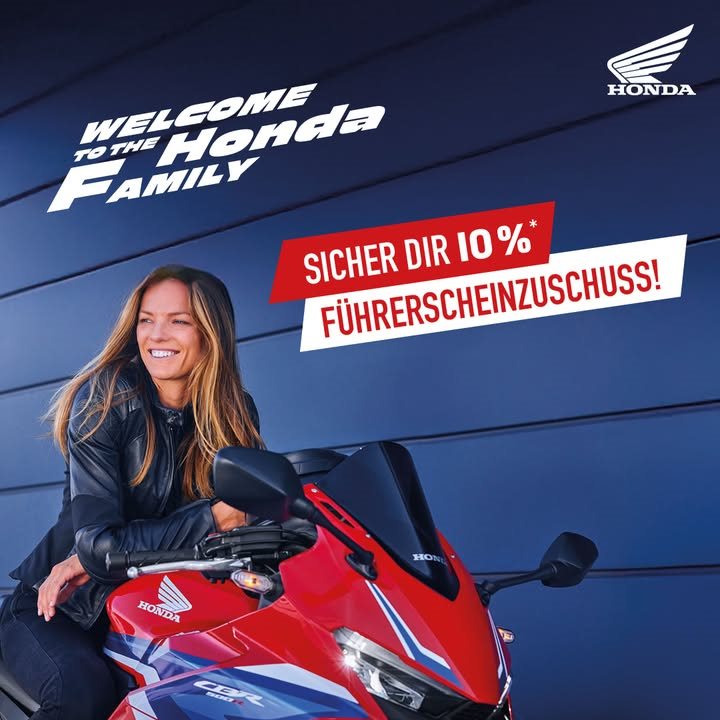 Vorschaubild für Post - Mach den Schein – wir legen was drauf. ️
Du machst gerade deinen A2- oder A-Führerschein oder hast die Prüfung frisch bestanden? Dann steig jetzt ein: Sichere dir 10 % Zuschuss* beim Kauf einer neuen Honda 500er – exklusiv für Fahranfänger und Aufsteiger. Das Angebot gilt bis zum 31.07.2025.
*Mehr Infos gibt´s hier: https://www.honda.de/motorcycles/offers/aktionsangebote.html