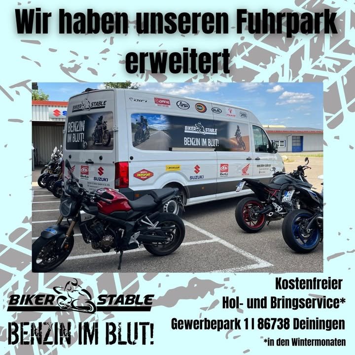 Vorschaubild für Post - Wir haben unseren Fuhrpark erweitert!
Während der Wintermonate bieten wir euch einen kostenfreien Hol- und Bringservice im Umkreis von 30 km an.
JETZT gleich vormerken!

#benzinimblut #fuhrparkerweitert #bikerstable