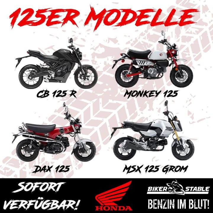 Vorschaubild für Post - Klein, frech und voll im Style!

Die Honda Monkey rockt mit Kult-Charme und jeder Menge Spaß.
Die MSX ist der coole Mini-Cruiser für die City, der immer auffällt.
Die Dax bringt Retro-Vibes mit modernem Twist – perfekt für alle, die’s vintage lieben.
Und die CB125R sorgt mit ihrem Naked-Look für sportliche Action auf zwei Rädern.
Honda hat für jeden was am Start!

#hondamonkey #hondamsx #hondadax #cb125r #bikesmitstyle #ridehonda #benzinimblut