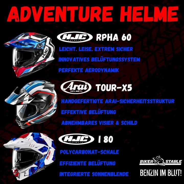 Vorschaubild für Post - Sportlicher Kurzvergleich:

• 🏁 RPHA 60: Leichter, aggressiver Adventurehelm mit Top-Ausstattung (Sonnenblende, Pinlock, ECE 22.06) – ab 499,90€

• 🔥 Tour-X5: High-End-Helm mit Rennsport-DNA, maximaler Schutz & Belüftung – ab 899,95€

• 💨 i80: Solider Klapphelm für Einsteiger, praktisch & günstig – ab 259,90€

Fazit:
Tour-X5 für Performance, RPHA 60 für sportliche Tourer, i80 für Preisbewusste.

#adventurehelmets #benzinimblut #hjchelmets #araihelmet #bikerlife